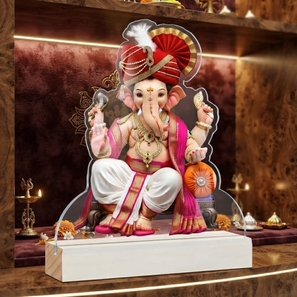 Lord Ganesha Maharaja with red pheta acrylic tabletop frame cut-out design – Ganesh Chaturthi decor by Fashionury