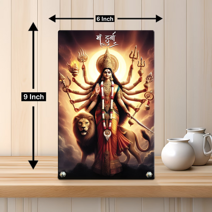 Maa Durga acrylic tabletop photo frame with lion and trishul design on steel standoffs – Navratri decor by Fashionury