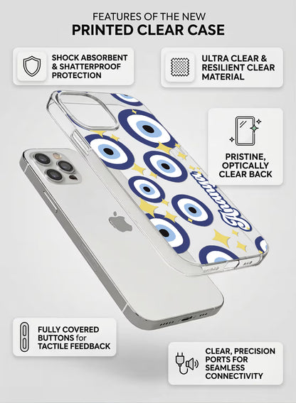 Custom name Ananya printed on clear silicone phone cover with blue evil eye pattern design