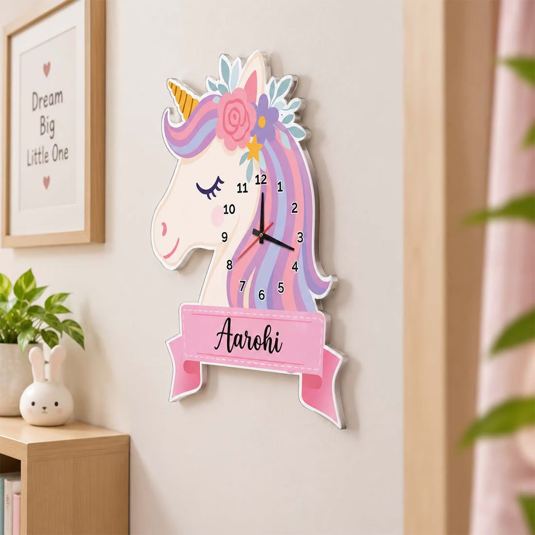 Personalized unicorn acrylic wall clock with custom name mounted on kids room wall – Fashionury