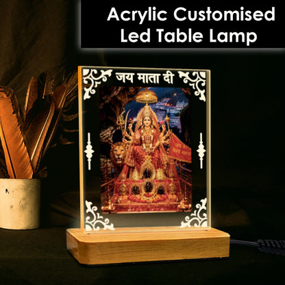 Mata Vaishno Devi acrylic LED table lamp with Jai Mata Di design and warm glow on wooden stand – Fashionury