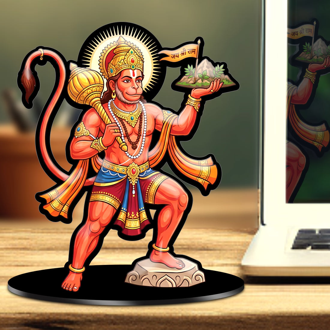 Lord Hanuman acrylic standee with Sanjeevani Parvat and Jai Shri Ram flag on black base – Fashionury