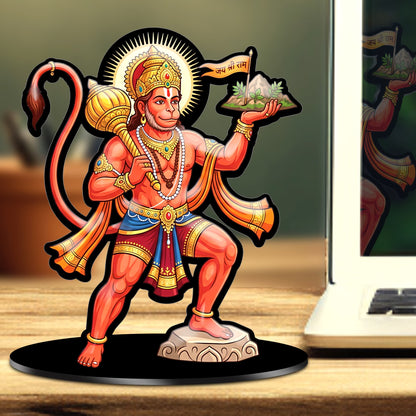 Lord Hanuman acrylic standee with Sanjeevani Parvat and Jai Shri Ram flag on black base – Fashionury