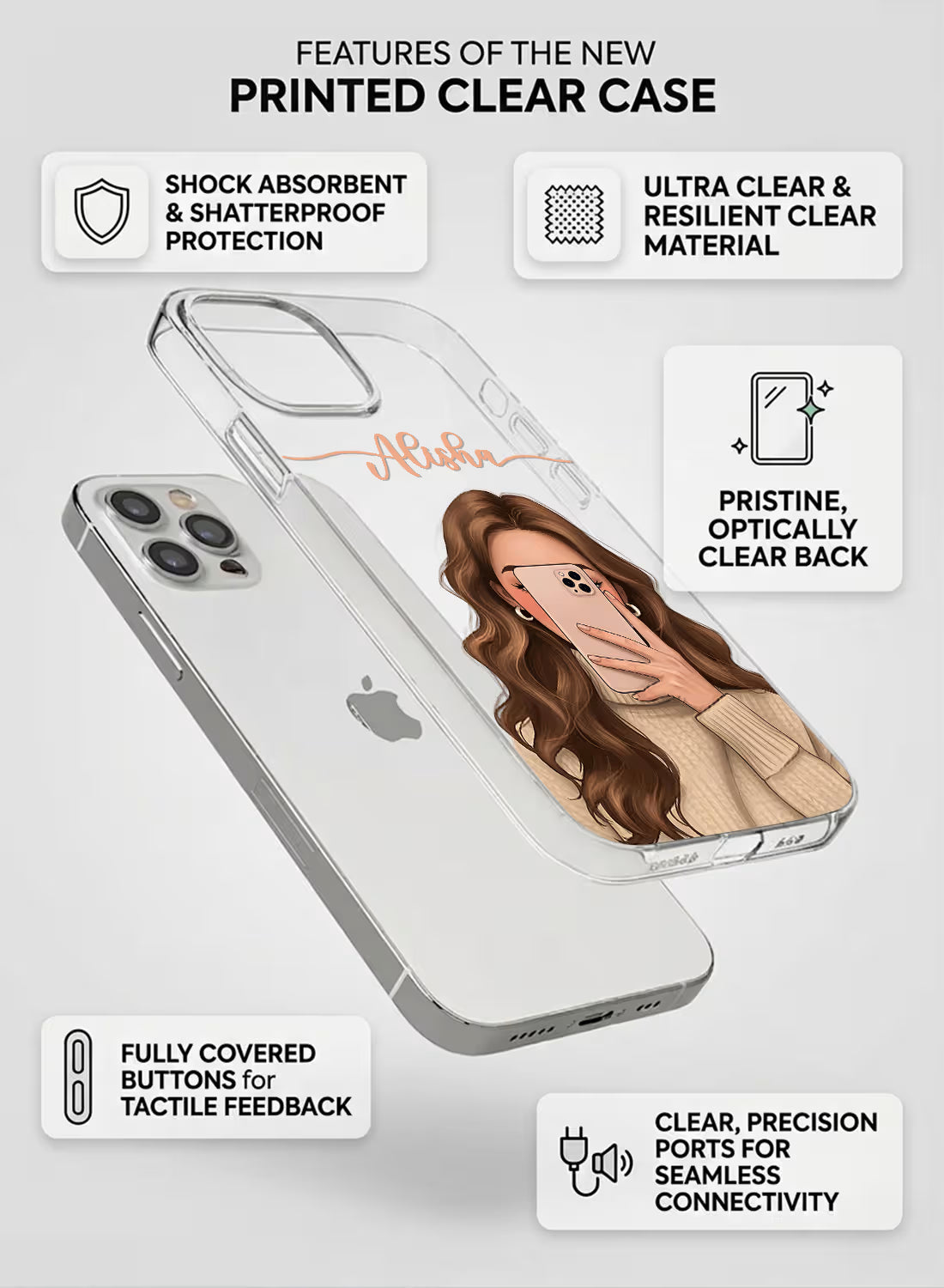 Mirror Selfie Girl custom name silicone mobile cover with trendy aesthetic illustration