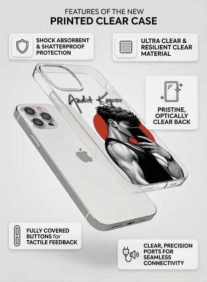 Custom name Aadit Kapoor printed on clear silicone phone cover with anime style selfie boy design