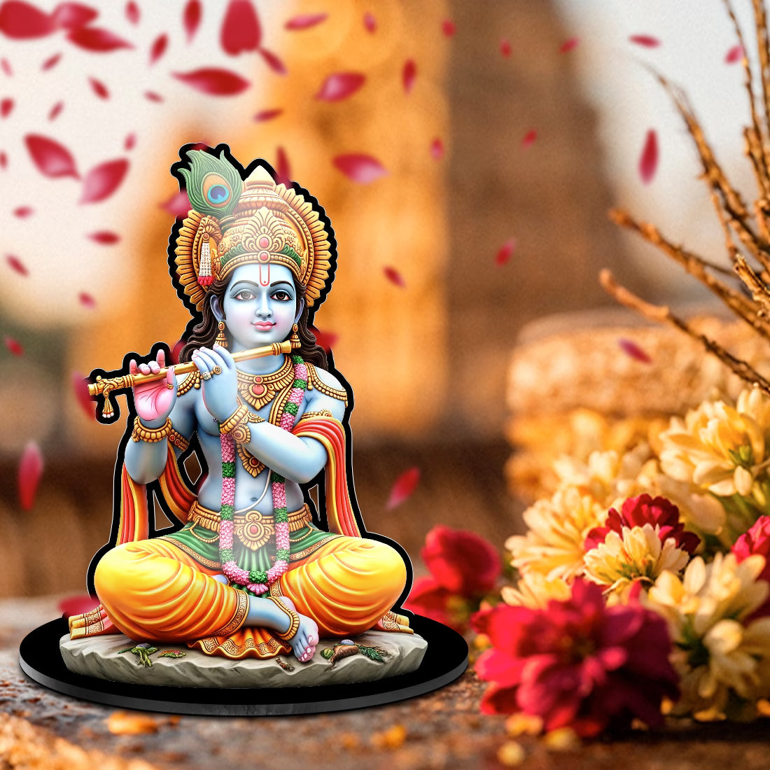 Lord Krishna acrylic standee playing flute with peacock feather crown on black base – Fashionury