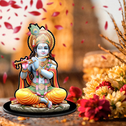 Lord Krishna acrylic standee playing flute with peacock feather crown on black base – Fashionury