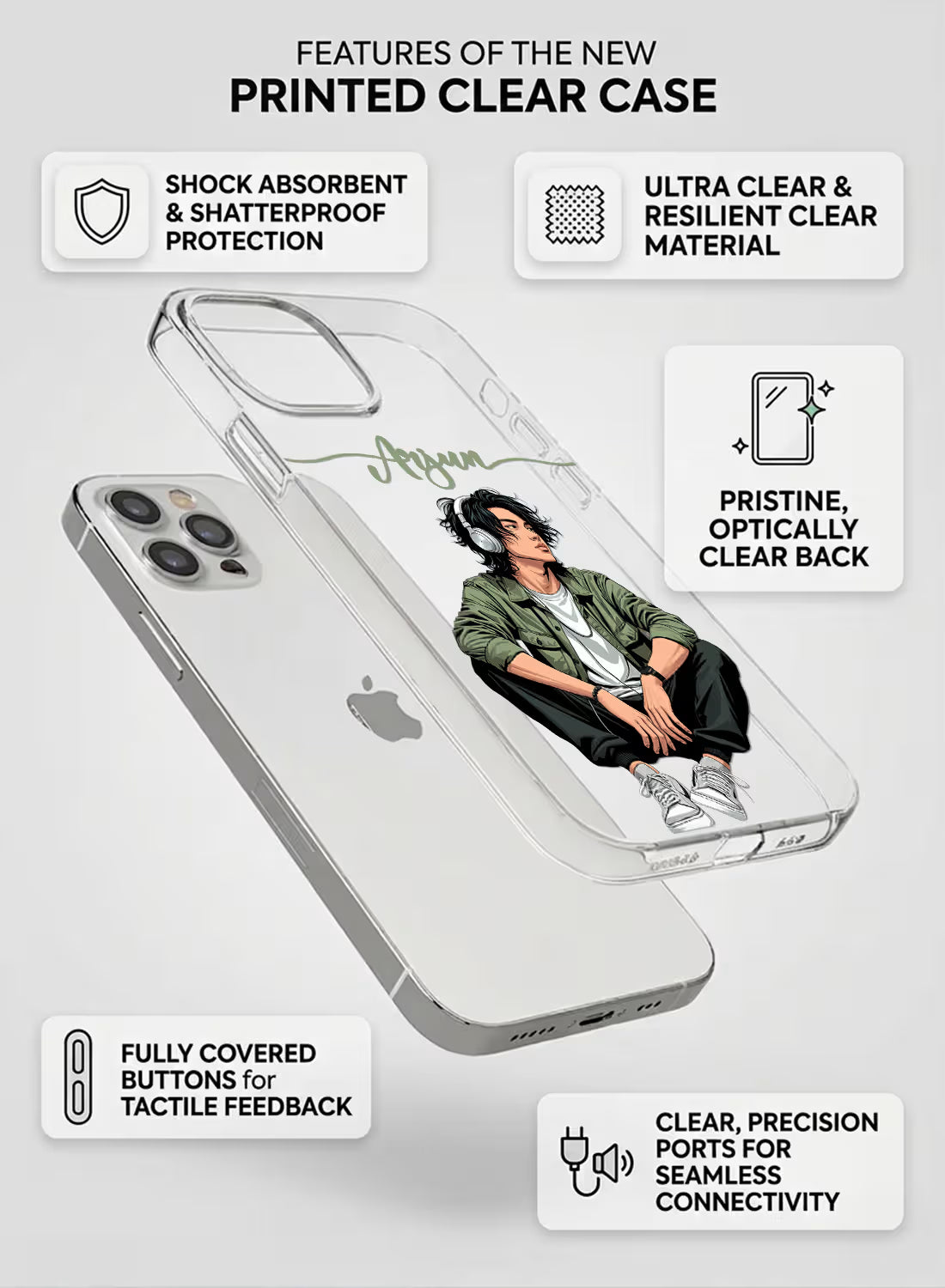 Custom name Arjun printed on clear silicone phone cover with boy wearing headphones design