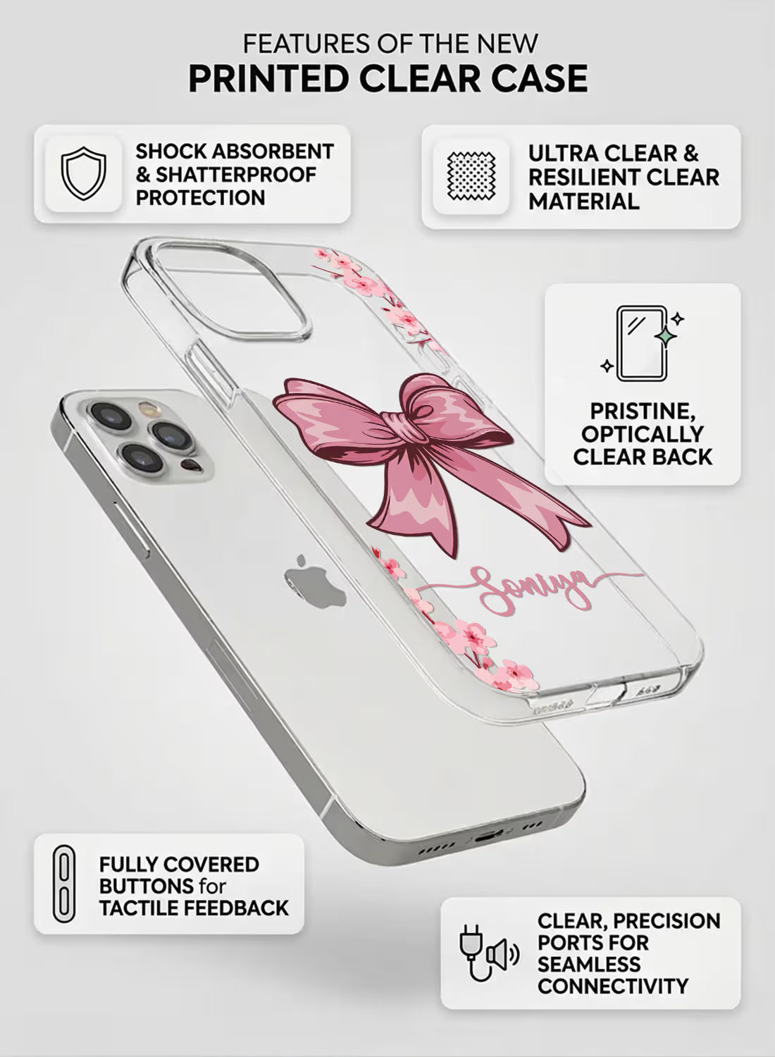 Cute Pink Bow & Floral Printed Clear Silicone Back Cover