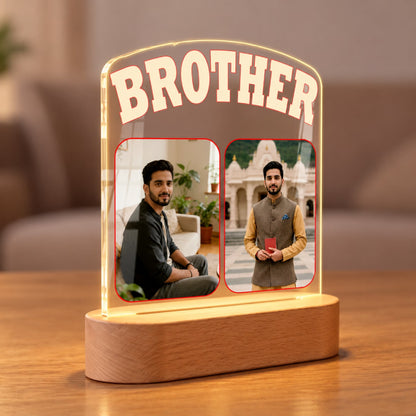 Personalized Brother acrylic LED table lamp with custom 2 photo print and warm glow wooden base – Fashionury