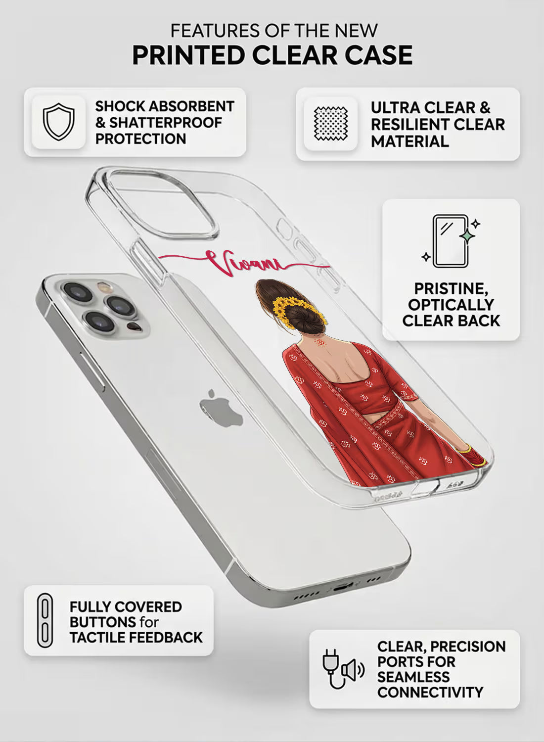 Custom name Vivani printed on clear silicone phone cover with ethnic saree girl and Om print design