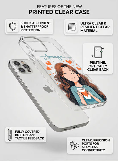 Custom UV-printed clear silicone phone cover with happy girl holding coffee cup, hearts and script name text