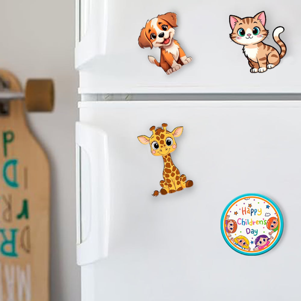 Happy Children's Day MDF fridge magnet set of 4 with puppy, kitty and giraffe cartoon designs – Fashionury
