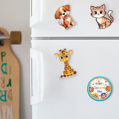 Happy Children's Day MDF fridge magnet set of 4 with puppy, kitty and giraffe cartoon designs – Fashionury