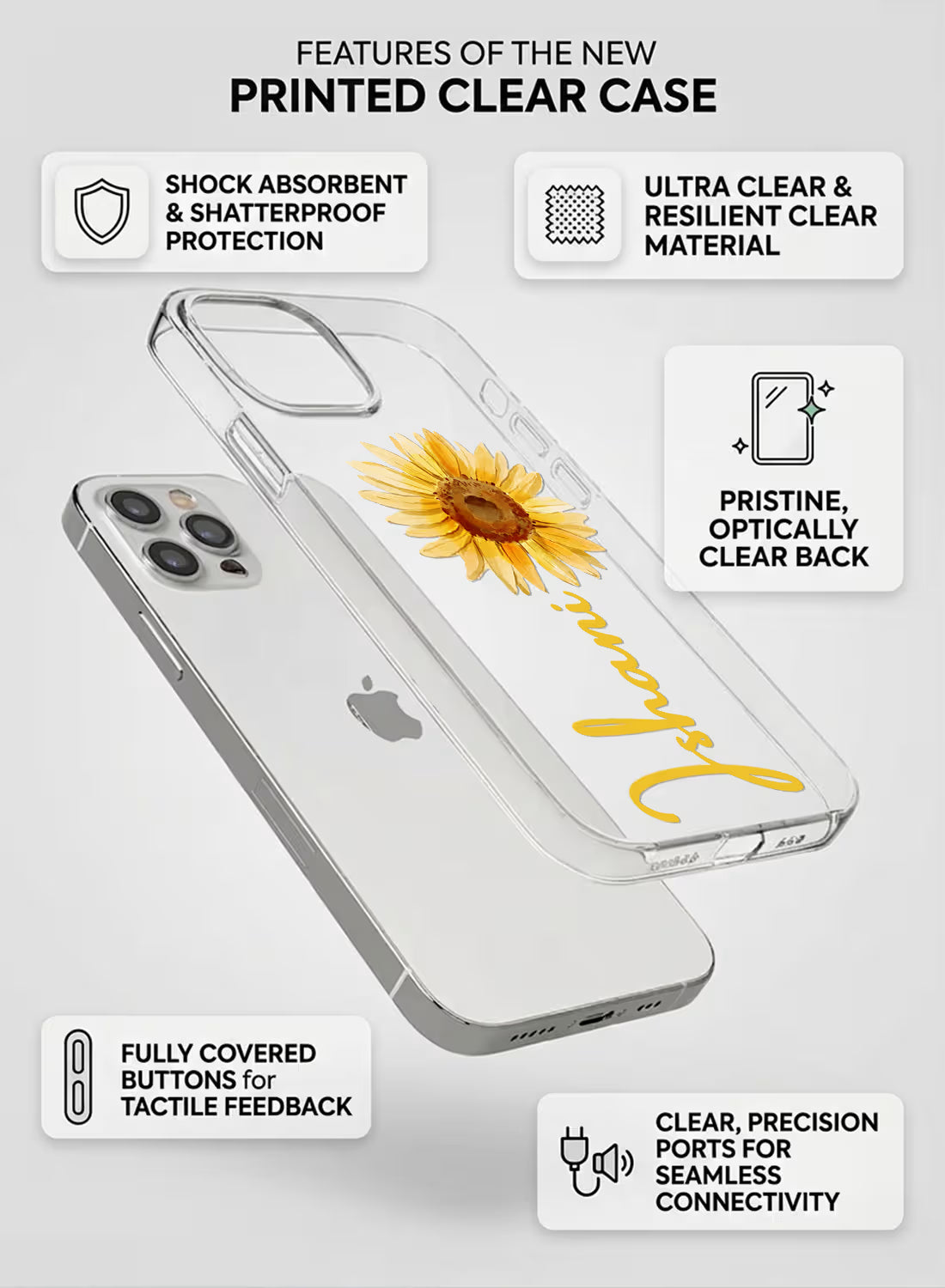 Custom name Jhanvi printed in golden script on clear silicone phone cover with sunflower design
