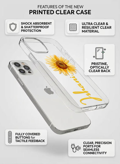 Custom name Jhanvi printed in golden script on clear silicone phone cover with sunflower design
