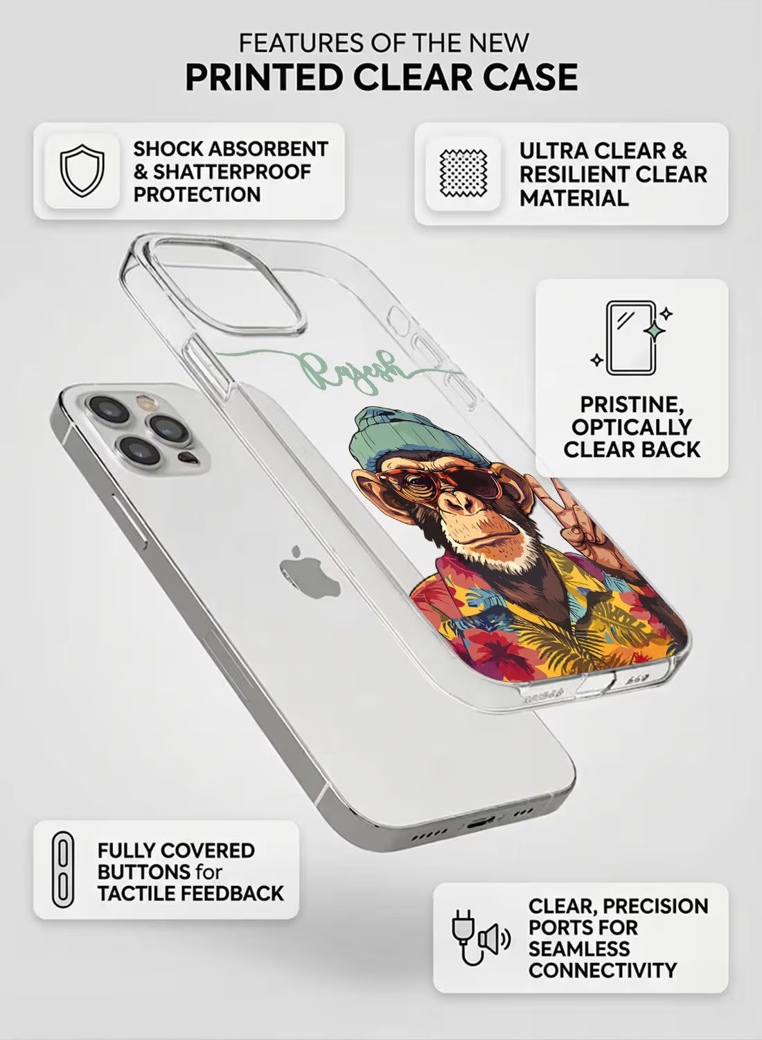 Custom clear silicone phone cover featuring an illustrative cool chimpanzee in a beanie, tropical shirt, and sunglasses making a peace sign.
