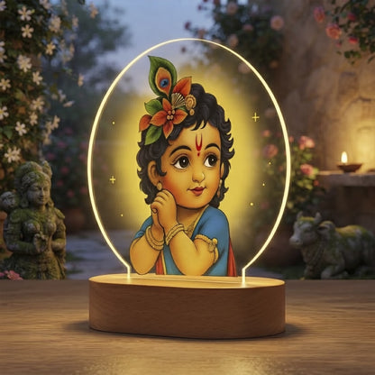 Bal Gopal Little Krishna acrylic LED night lamp with rechargeable wireless wooden base – Janmashtami gift by Fashionury