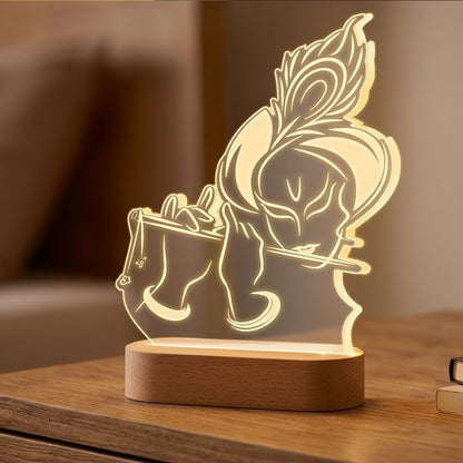 Krishna flute 3D engraved acrylic LED lamp with warm glow and rechargeable wireless wooden base – Fashionury