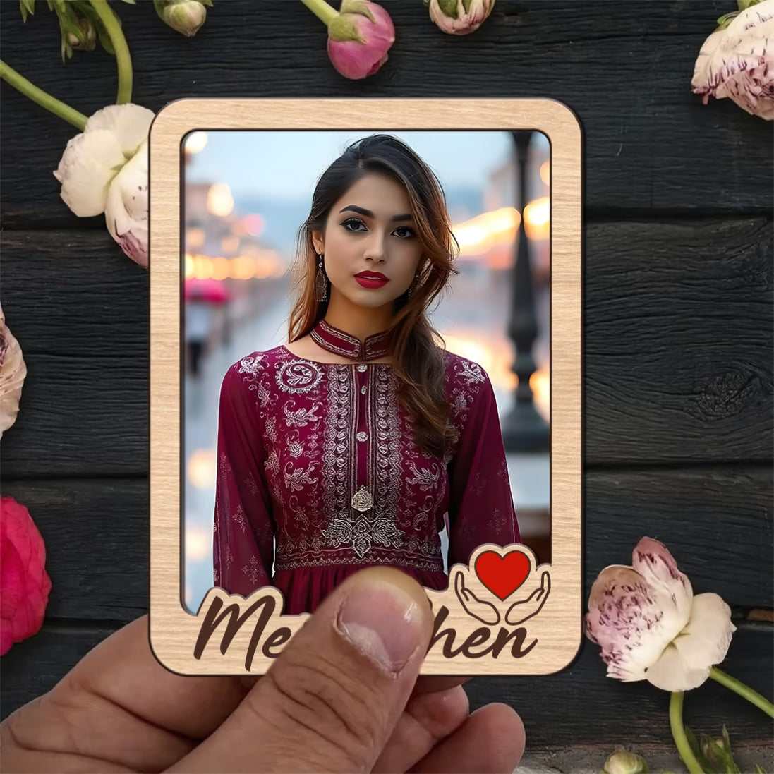 Meri Bhen custom photo wooden fridge magnet with script and red heart accent