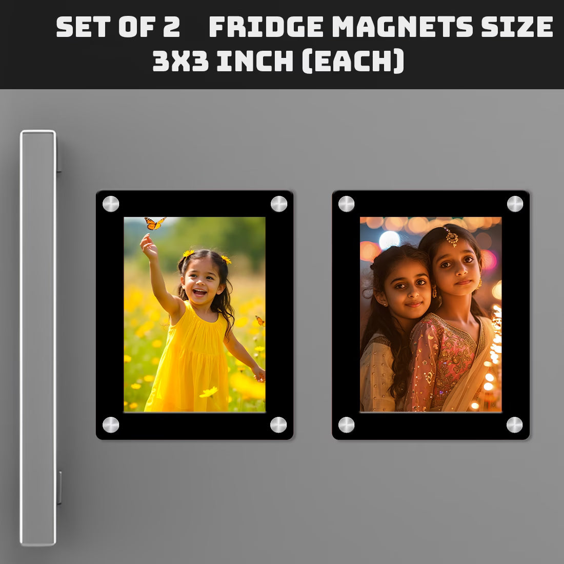 Acrylic photo frame fridge magnet set of 2 with photo insert and silver screw corners – Fashionury