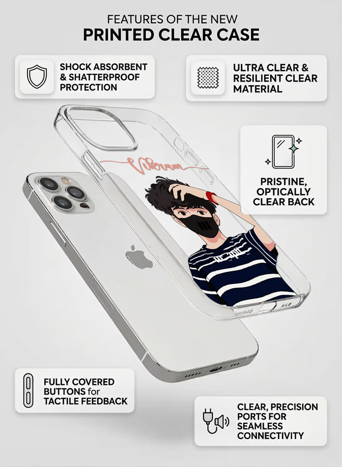 Custom UV-printed clear silicone phone cover with cool anime boy in black mask, striped tee and script name text
