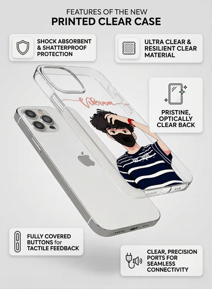 Custom UV-printed clear silicone phone cover with cool anime boy in black mask, striped tee and script name text
