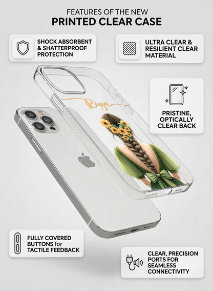 Custom UV-printed clear silicone phone cover with girl in green dress, sunflower braid and script name text design