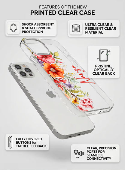 Custom name Navya printed on clear silicone phone cover with watercolor floral bouquet design