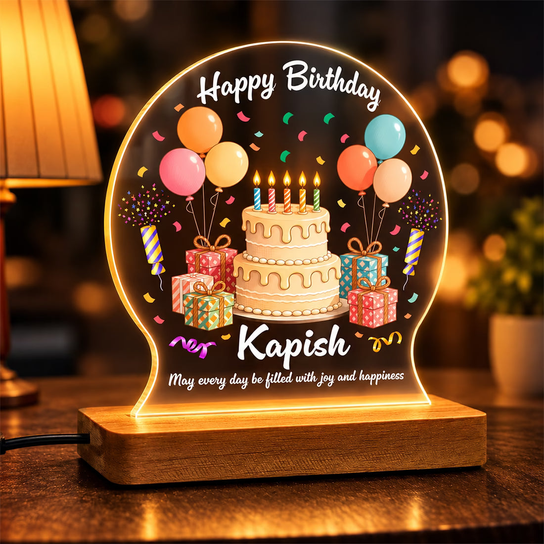 Personalized Happy Birthday acrylic LED table lamp with custom name, cake and balloons on warm glow wooden stand – Fashionury