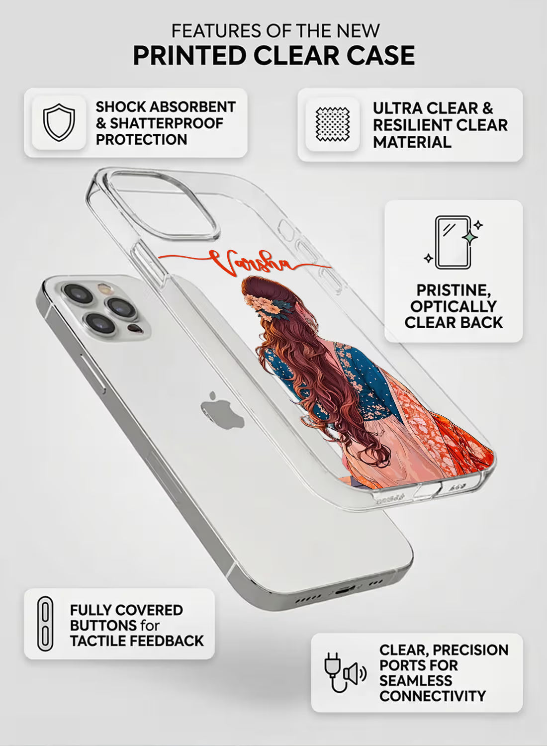 Custom name Varsha printed on clear silicone phone cover with floral hair ethnic girl design
