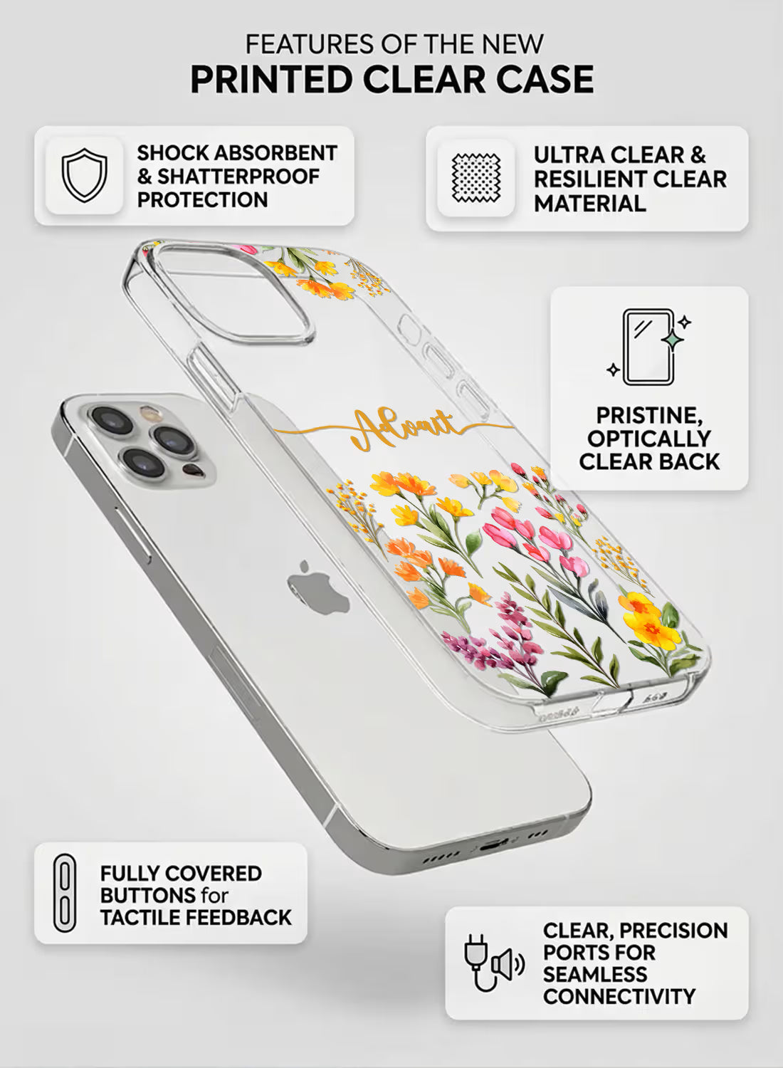 Custom name Advait printed on clear silicone phone cover with colorful wildflower meadow design