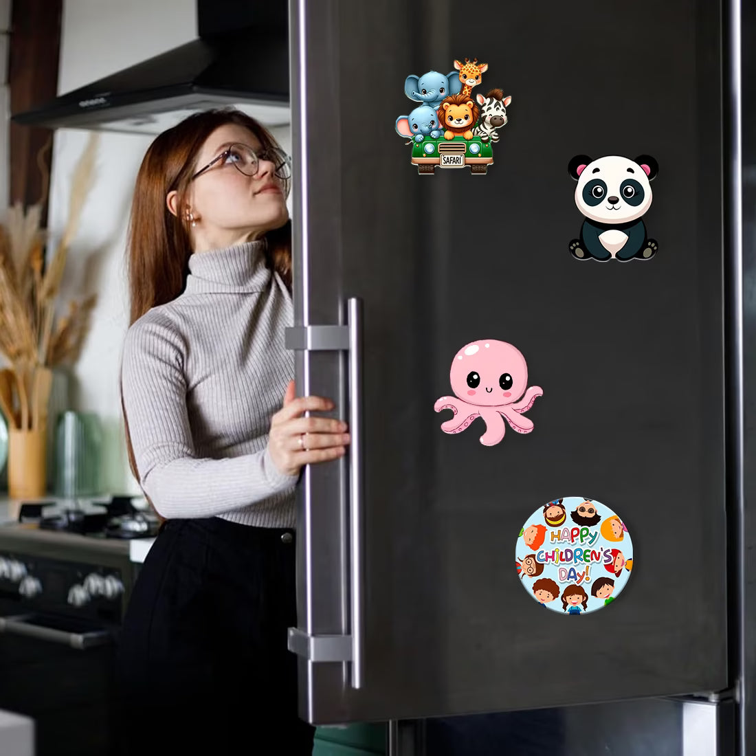 Children's Day safari animal MDF fridge magnet set of 4 with octopus, panda and safari jeep designs – Fashionury
