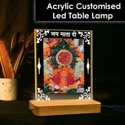 Maa Chintpurni darbar acrylic LED table lamp with Jai Mata Di design and warm glow on wooden stand – Fashionury