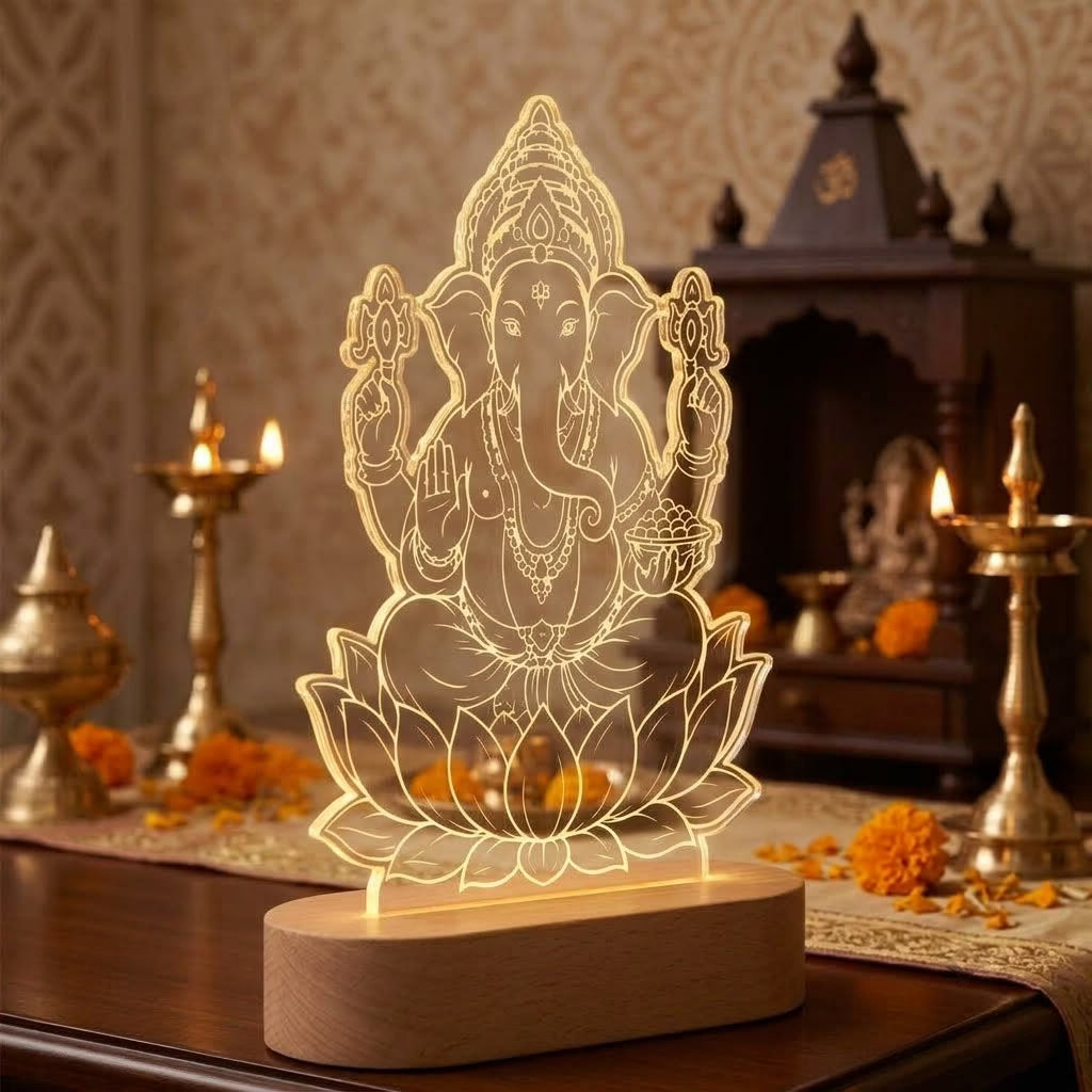 Lord Ganesha on lotus UV printed acrylic LED lamp with warm glow and rechargeable wireless wooden base – Fashionury