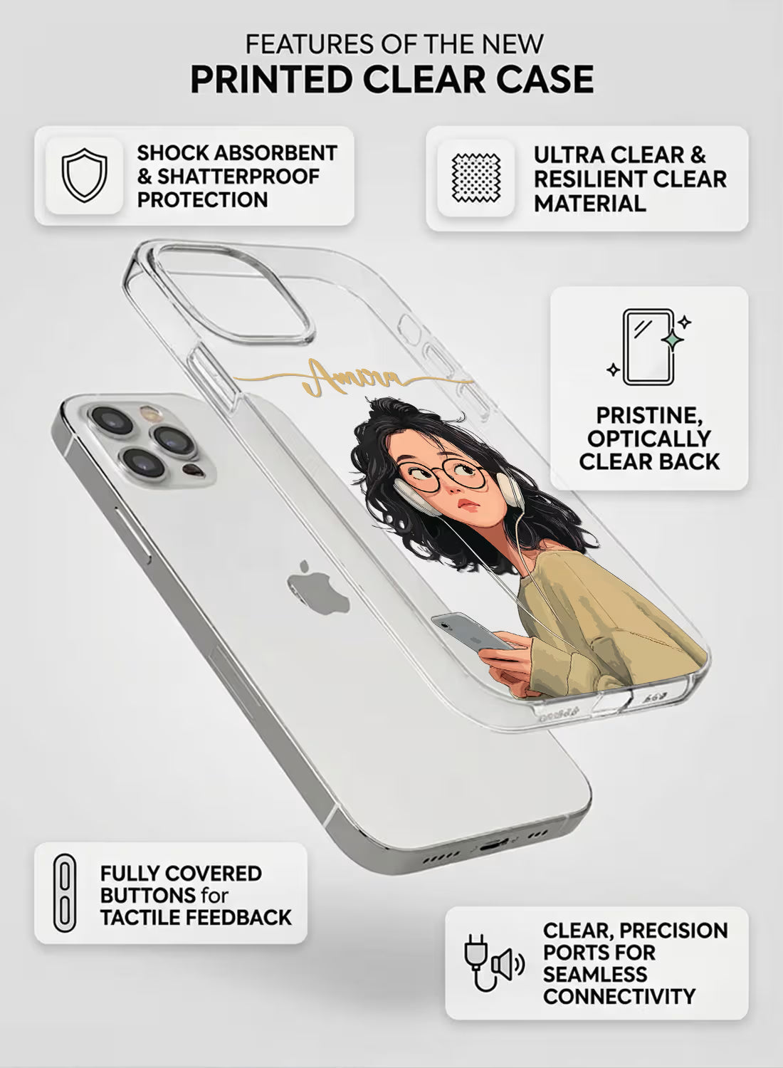 Cute Girl with Headphones Printed Clear Silicone Back Cover