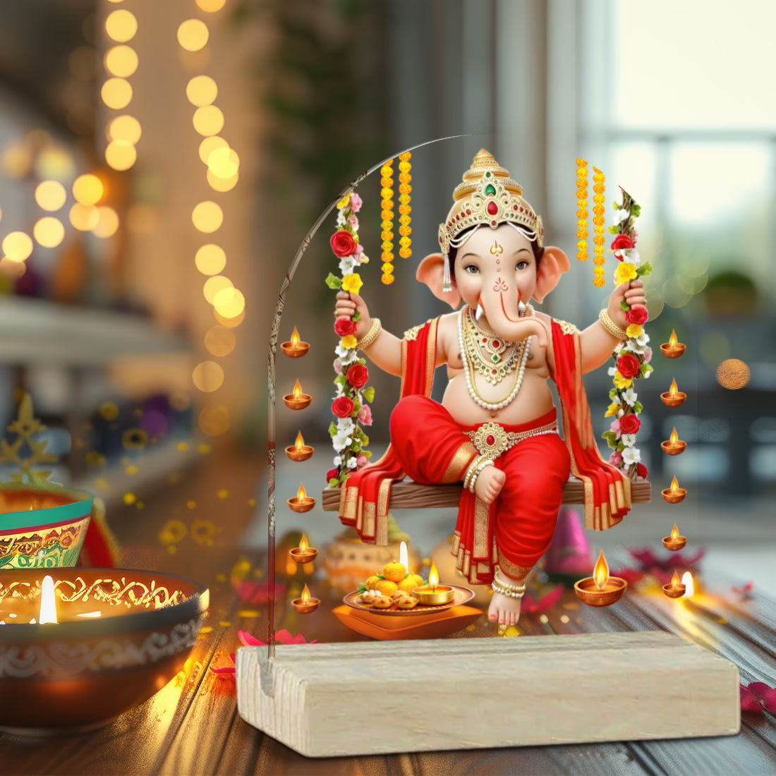 Lord Ganesha on floral swing arch acrylic tabletop frame with wooden base – Ganesh Chaturthi decor by Fashionury