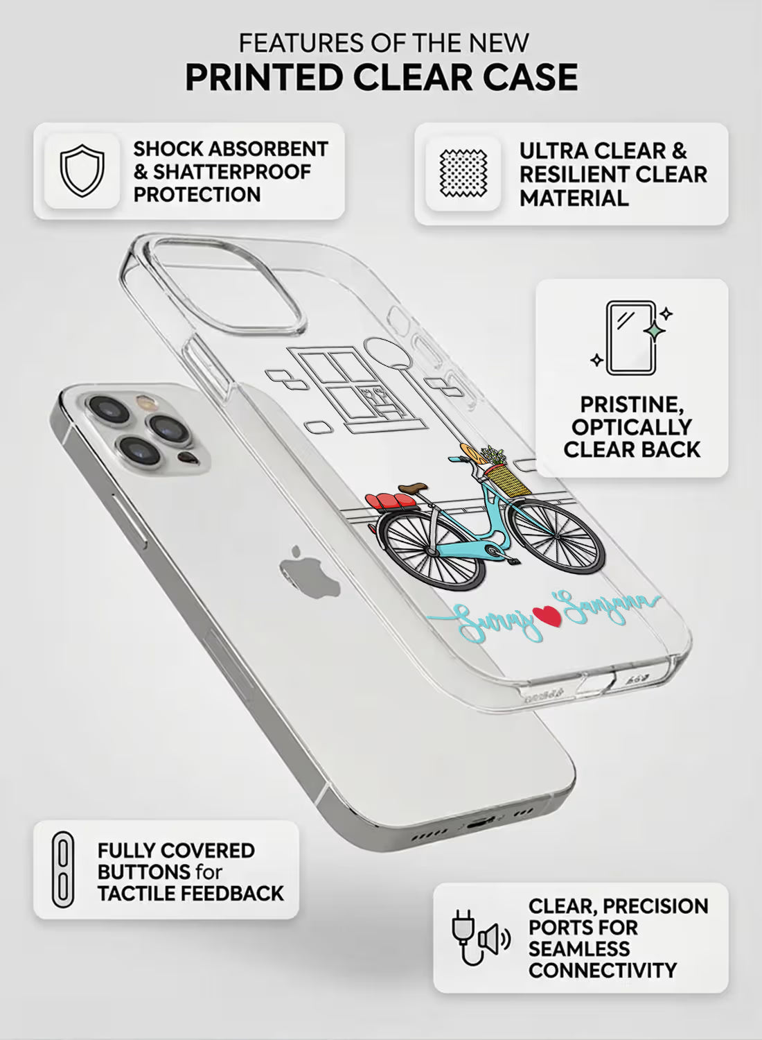 Custom couple names Suraj and Sanjana printed in teal script with a red heart on a clear silicone phone case featuring a vintage bicycle illustration.