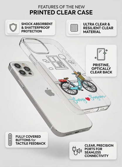 Custom couple names Suraj and Sanjana printed in teal script with a red heart on a clear silicone phone case featuring a vintage bicycle illustration.