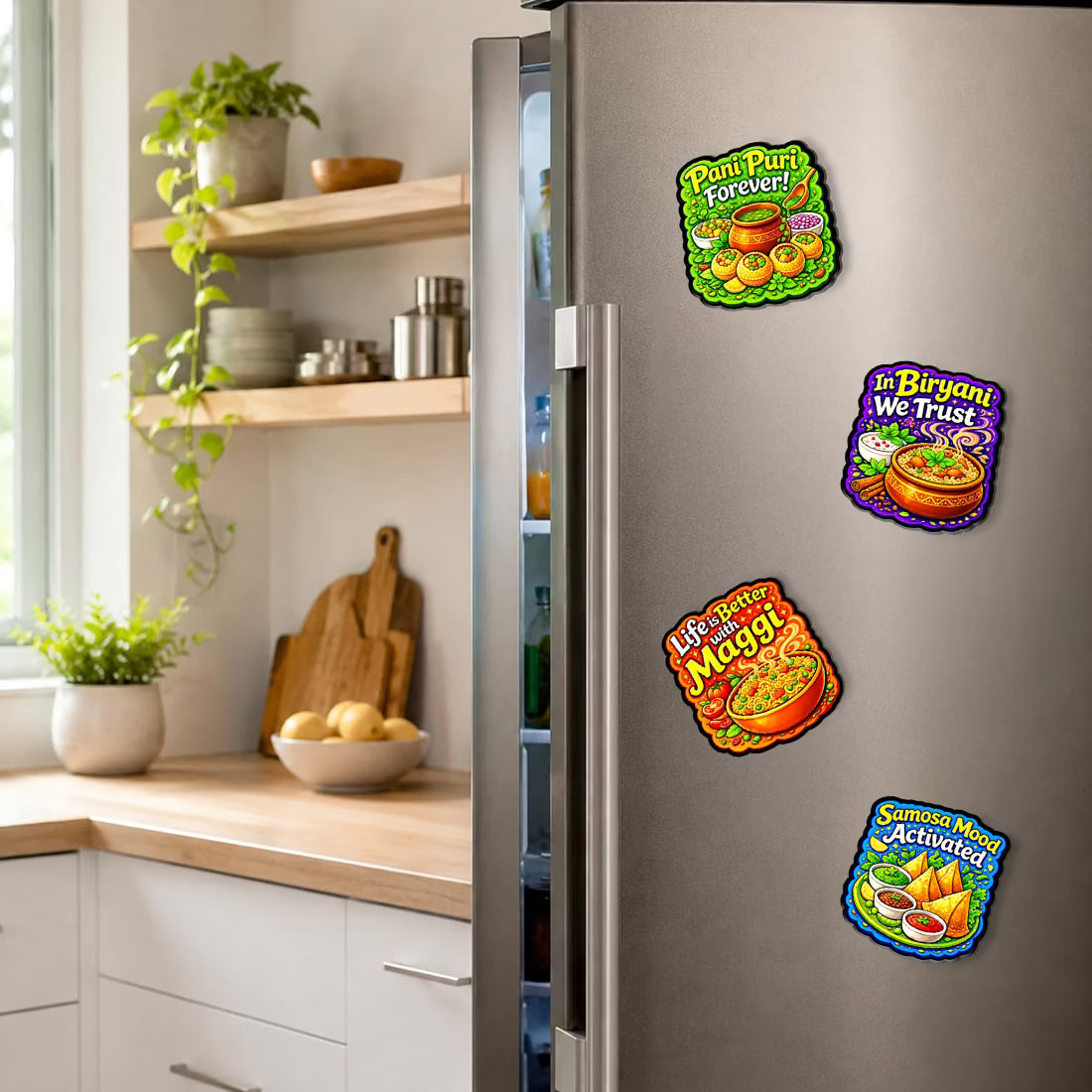Desi foodie MDF fridge magnet set of 4 with Biryani, Pani Puri, Maggi and Samosa designs – Fashionury