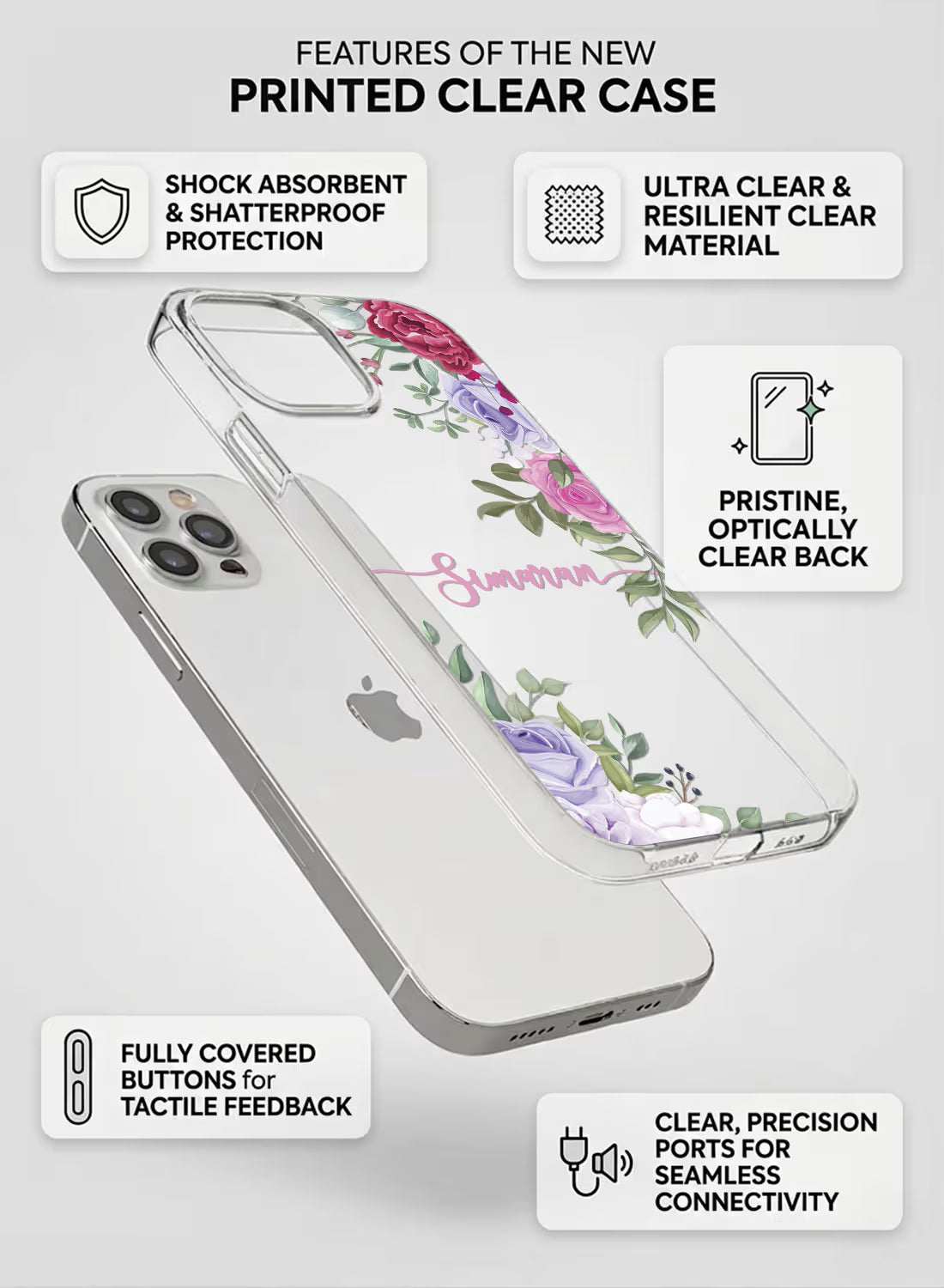 Custom name Simaran printed in pink script on a clear silicone phone case featuring pink and purple floral designs on the corners.