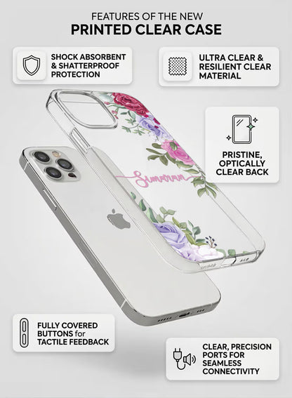 Custom name Simaran printed in pink script on a clear silicone phone case featuring pink and purple floral designs on the corners.