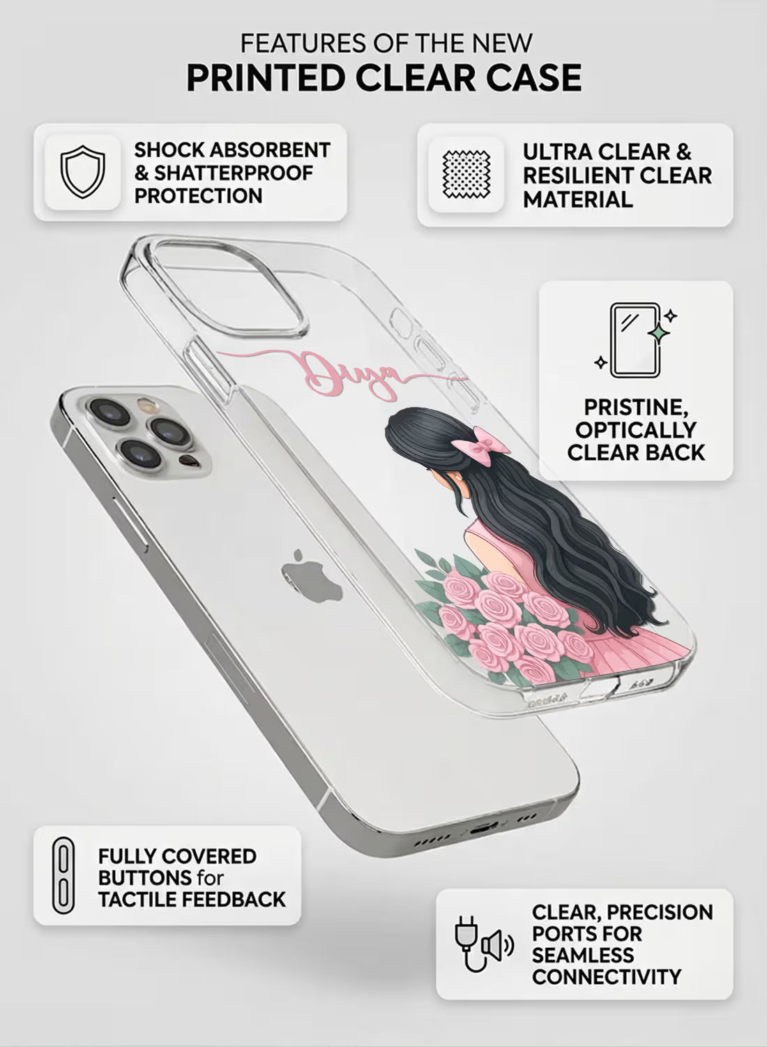 Custom UV-printed clear silicone phone cover with girl in pink dress holding rose bouquet and script name text
