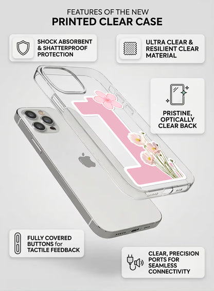 Clear silicone phone cover with pink number 1 and floral blossom design, soft feminine aesthetic print