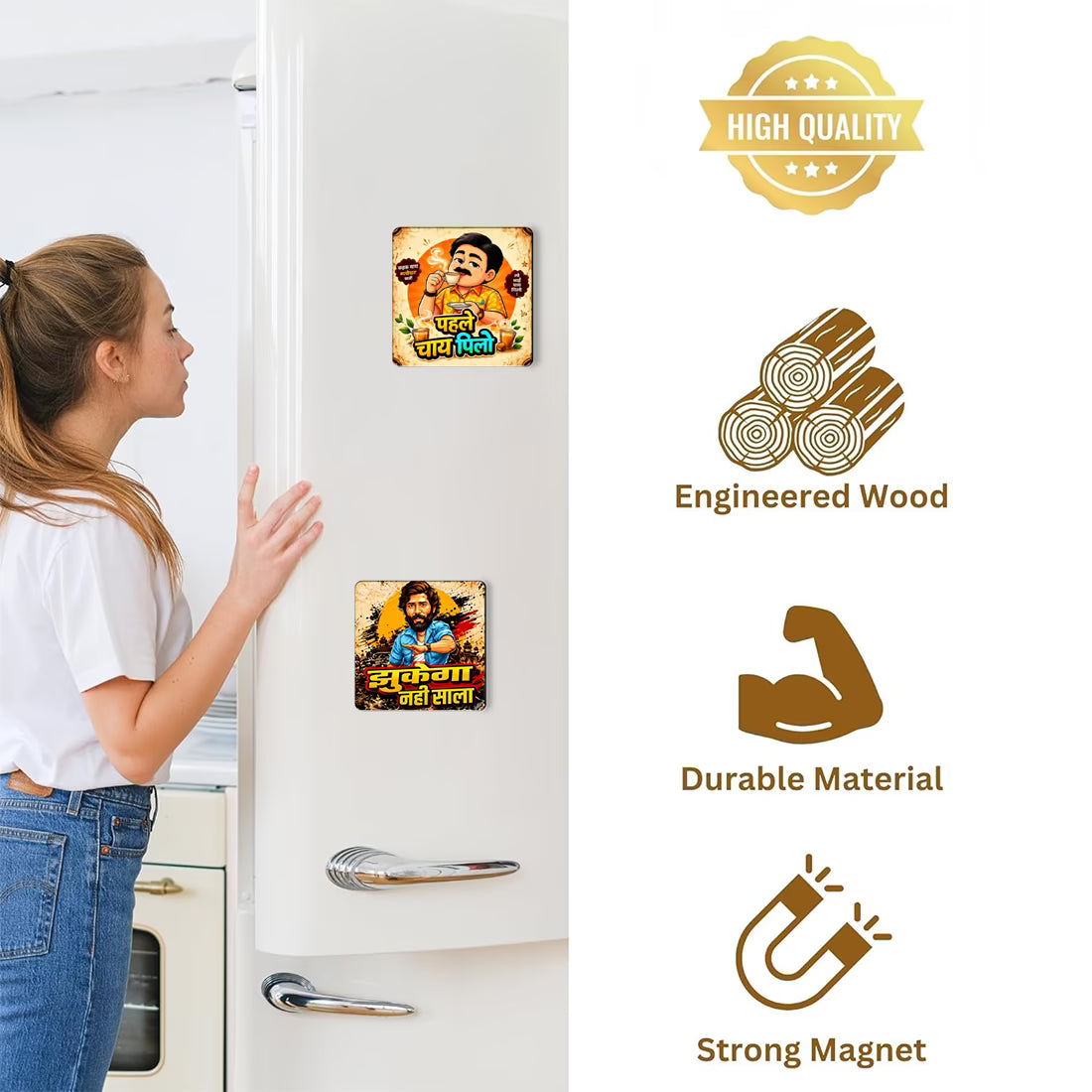 Funny desi MDF fridge magnet set of 2 with Pehle Chai Pilo and Jhukega Nahi Saala Hindi quotes – Fashionury