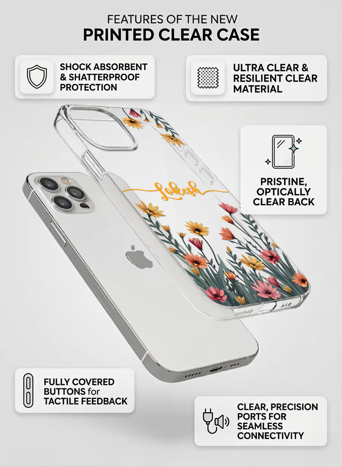 Custom name Lokesh printed on clear silicone phone cover with wildflower field border design