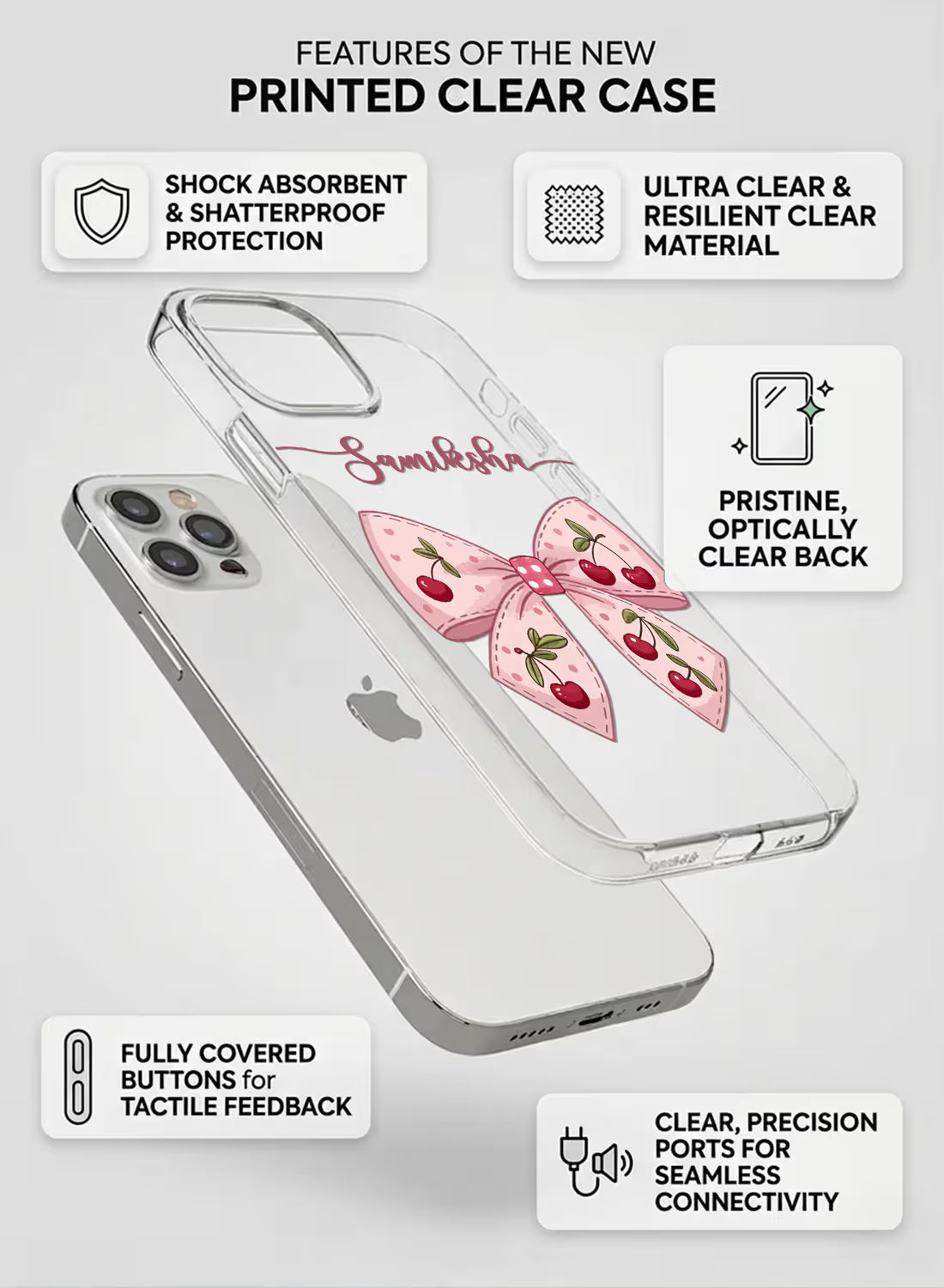 Pink Cherry Bow Printed Clear Silicone Back Cover