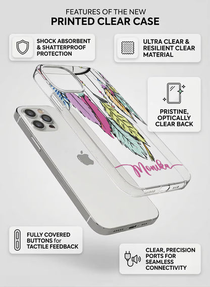 Custom name Monika in pink script on a clear silicone phone case featuring a colorful boho hanging feathers design.