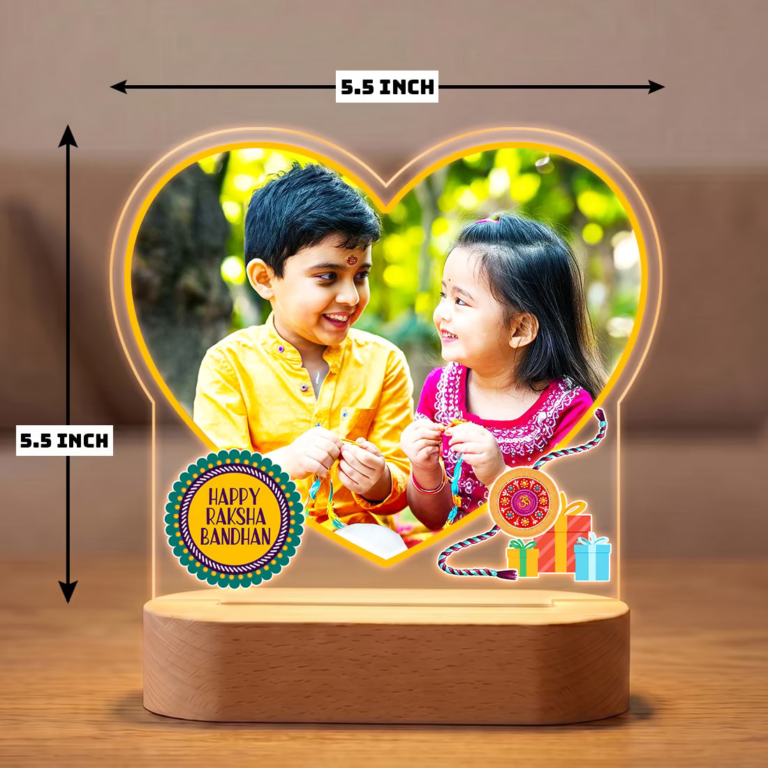 Happy Raksha Bandhan heart photo acrylic LED lamp with brother-sister portrait