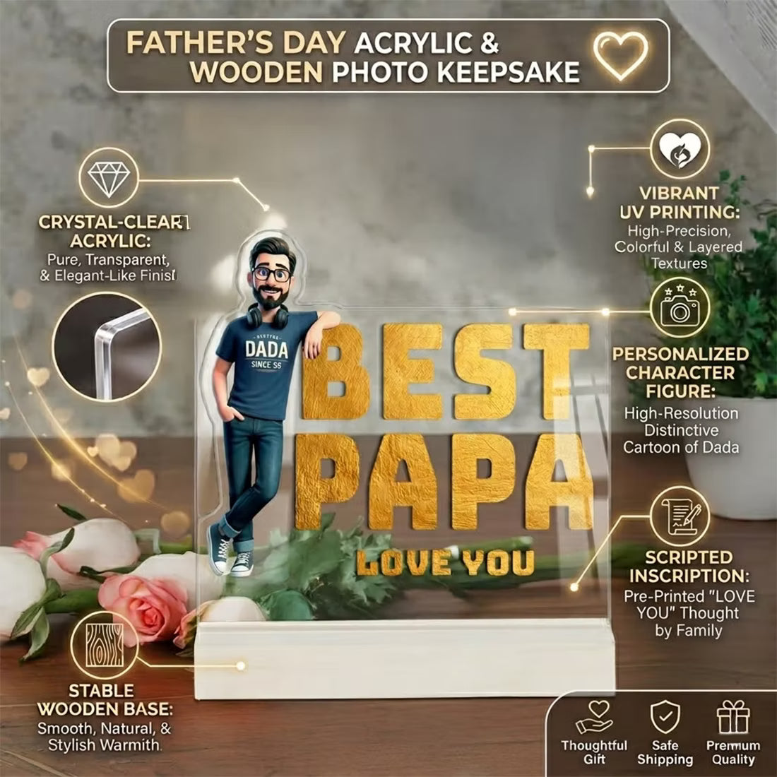 Infographic View of Personalised Best Papa Love You caricature acrylic plaque with cartoon portrait on wooden base for Father's Day gift
